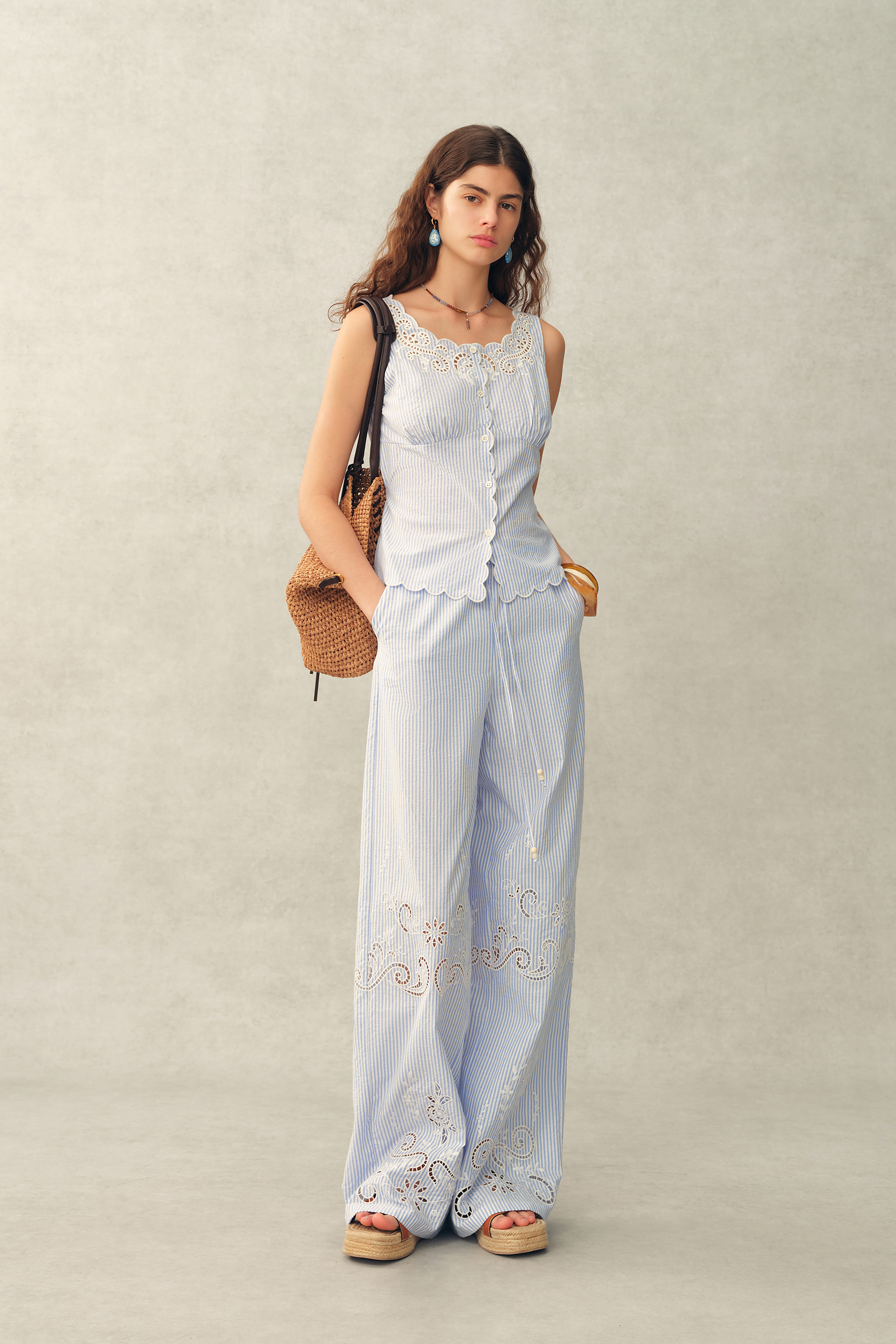 Lone Striped Embroidered Sleeveless Lace Trim Cami Top and Skirt Set in Crinkled Cotton