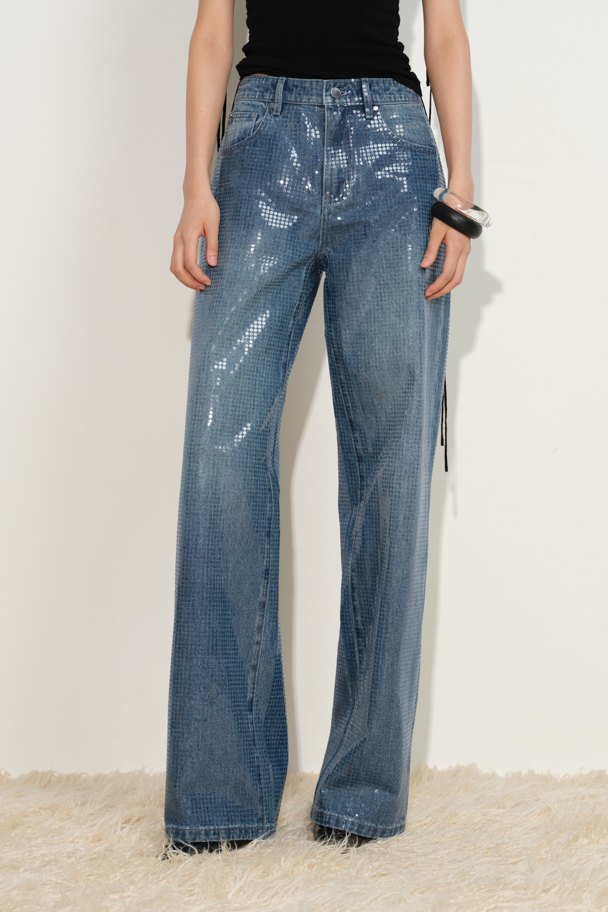 Zia Sequin Embellished Barrel Leg Jeans in Cotton Denim Matthew1